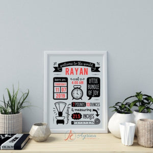 Custom Birth Stats Sign in White Frame